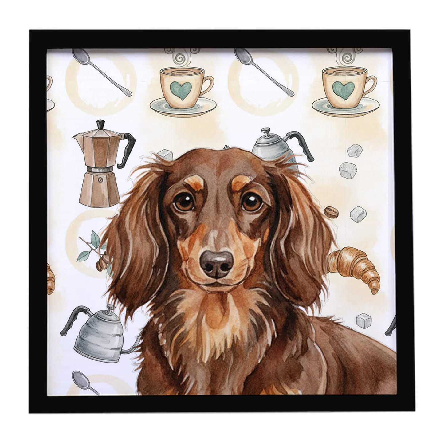 Buy this Longhaired Chocolate and Tan Dachshund Coffee Bar Framed Metal Print