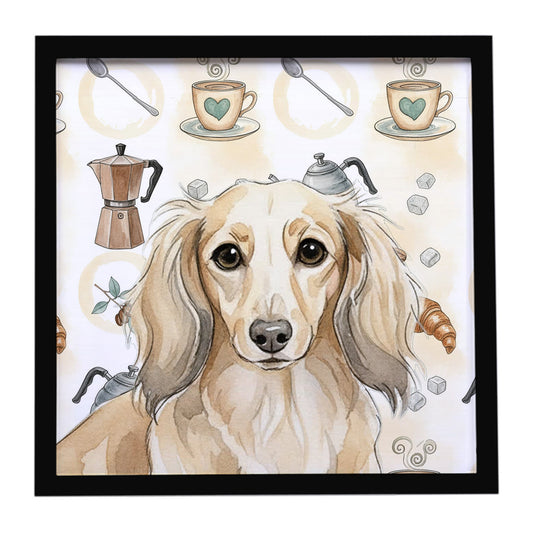 Buy this Longhaired Cream Dachshund Coffee Bar Framed Metal Print