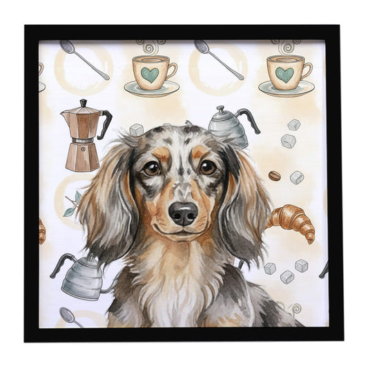 Buy this Longhaired Dapple Dachshund Coffee Bar Framed Metal Print