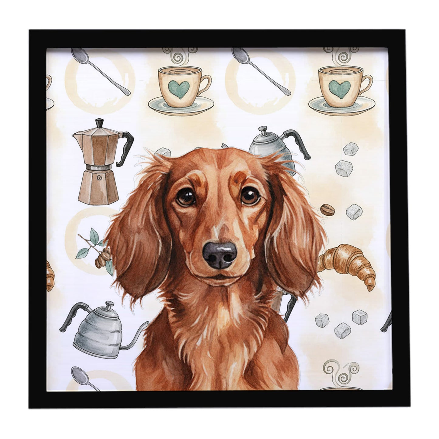 Buy this Longhaired Red Dachshund Coffee Bar Framed Metal Print