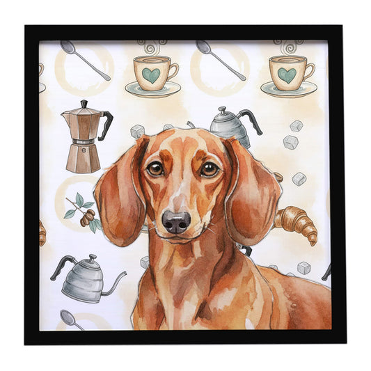 Buy this Red Brown Dachshund Coffee Bar Framed Metal Print