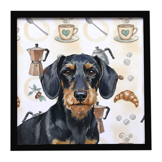 Buy this Wirehaired Black and Tan Dachshund Coffee Bar Framed Metal Print