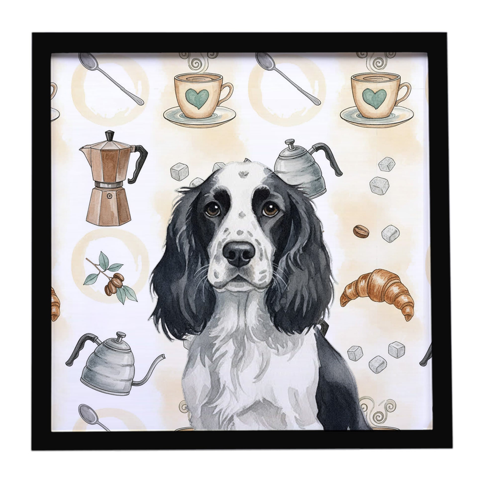 Buy this Black and White English Springer Spaniel Coffee Bar Framed Metal Print