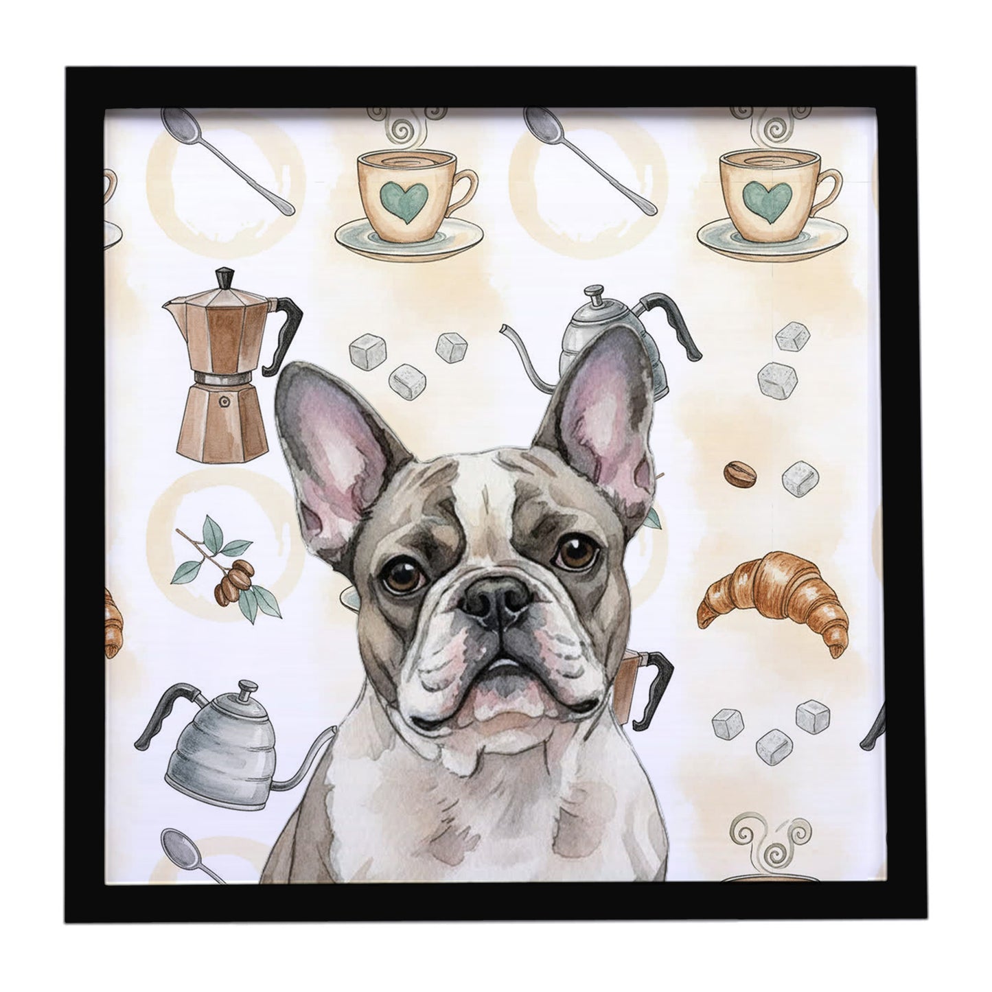 Buy this Pied French Bulldog Coffee Bar Framed Metal Print