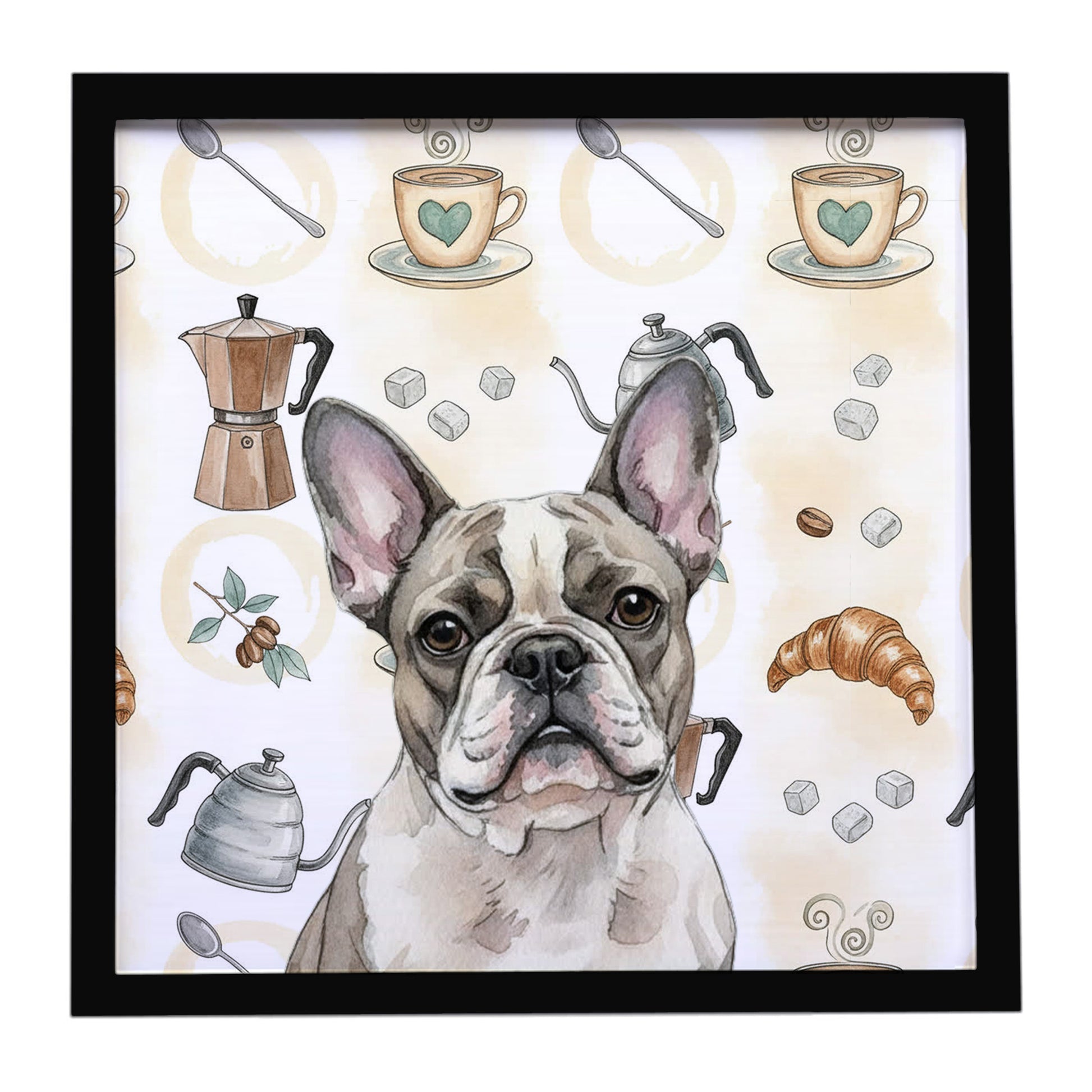 Buy this Pied French Bulldog Coffee Bar Framed Metal Print