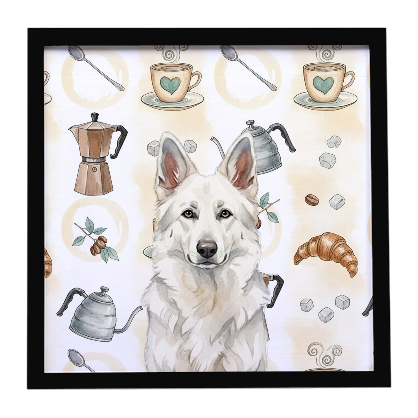 Buy this White German Shepherd Coffee Bar Framed Metal Print