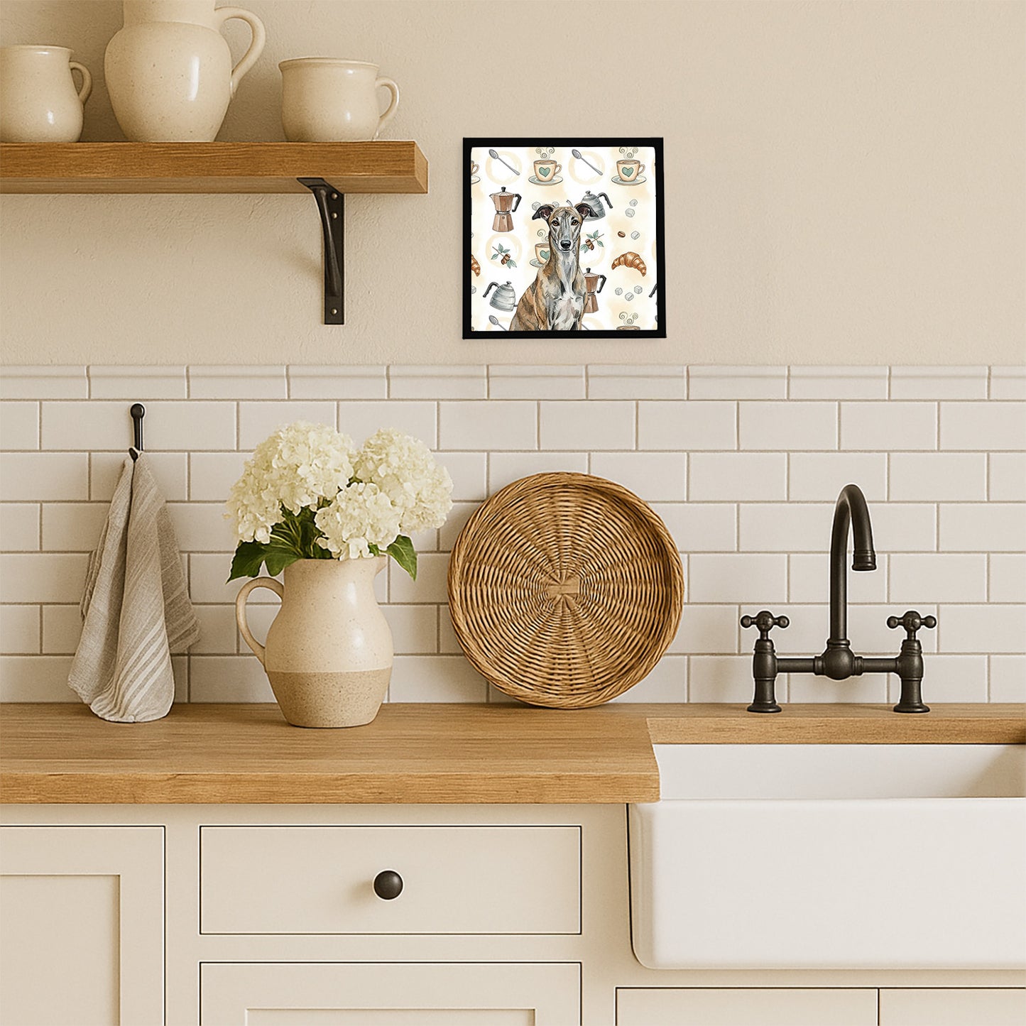 Brindle Greyhound Coffee Bar Framed Metal Print