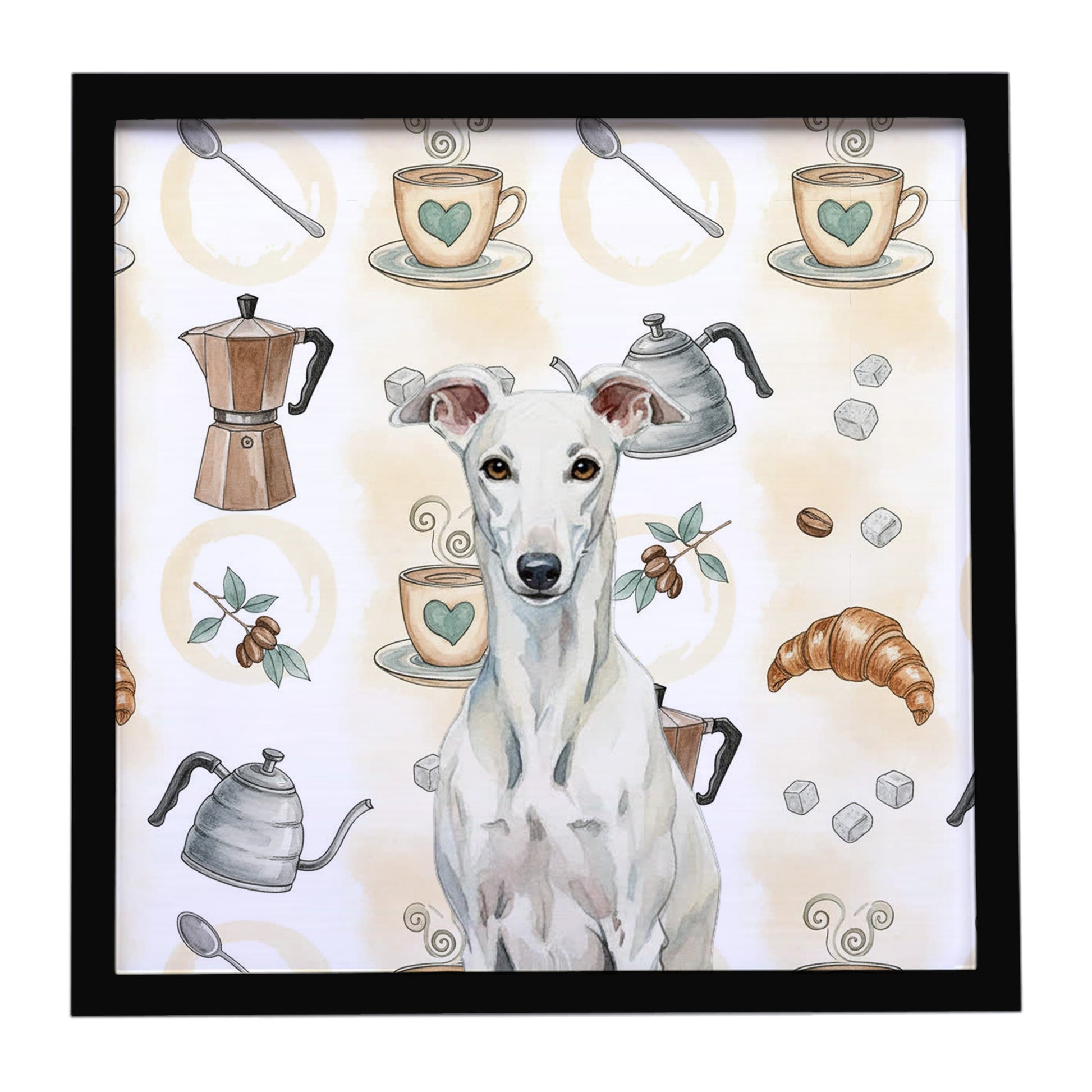 Buy this White Greyhound Coffee Bar Framed Metal Print