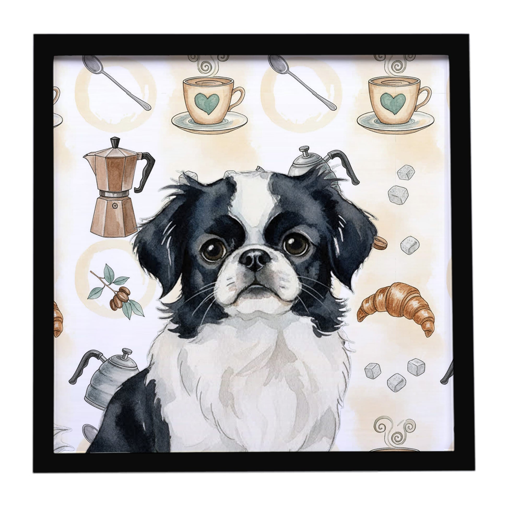 Buy this Black and White Japanese Chin Coffee Bar Framed Metal Print
