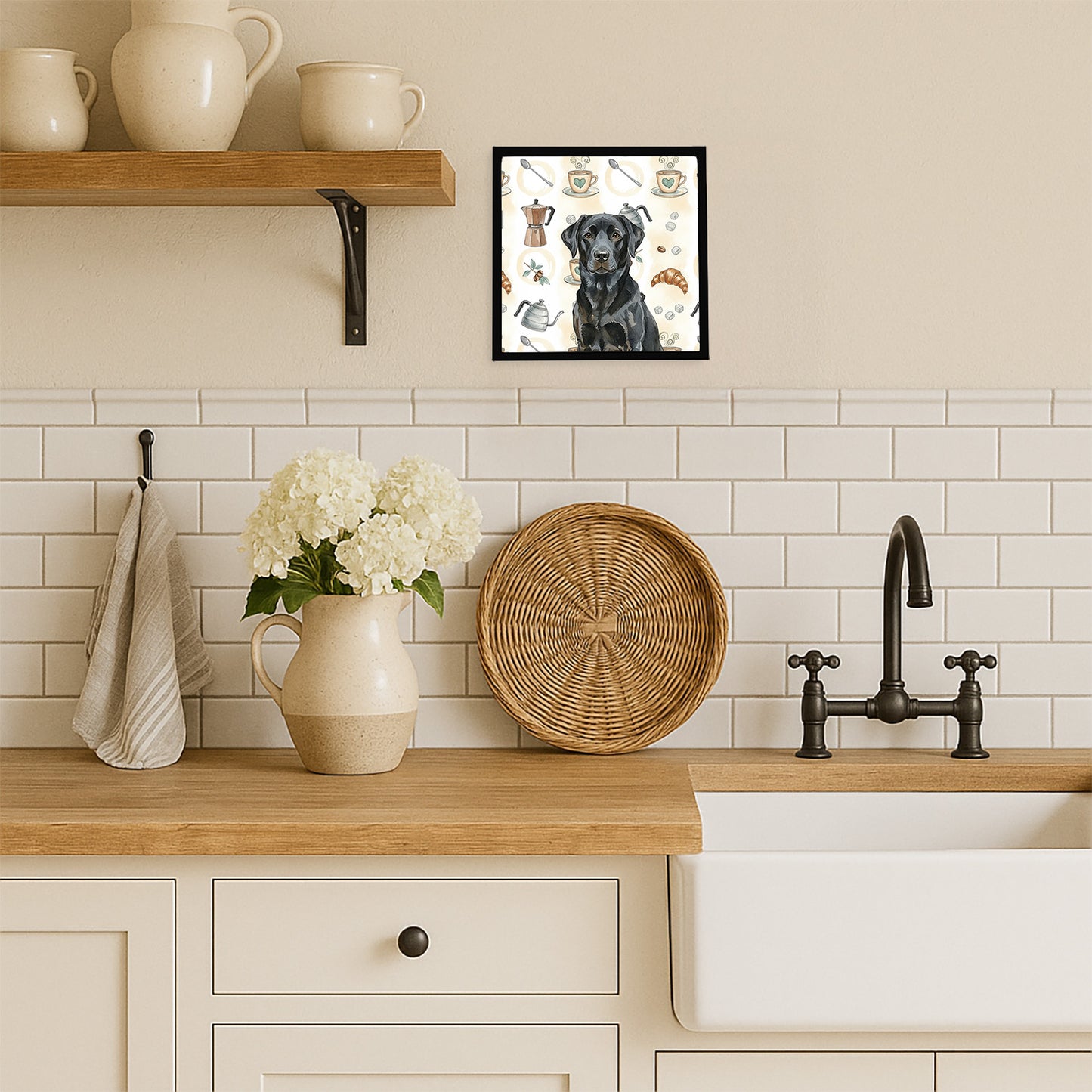 Black Labrador Retriever Coffee Bar Framed Metal Print