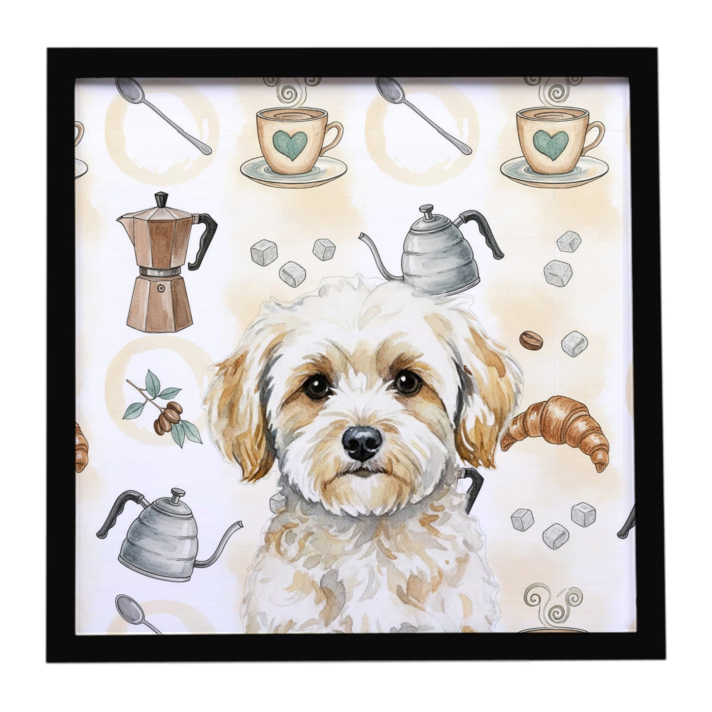 Buy this Maltipoo Coffee Bar Framed Metal Print