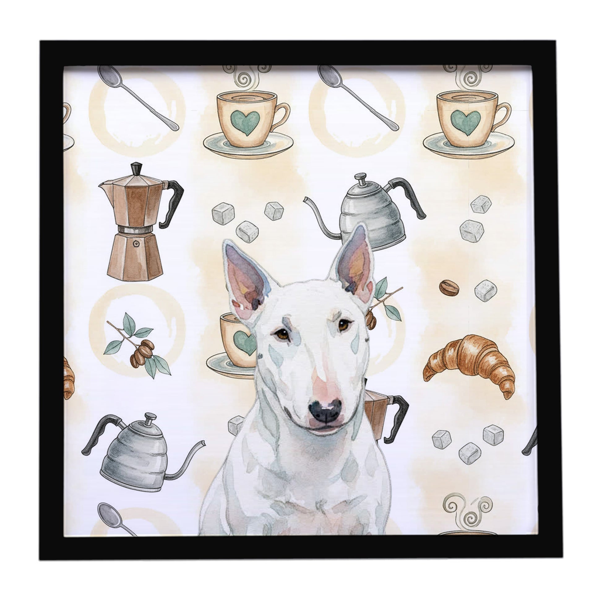 Buy this White Miniature Bull Terrier Coffee Bar Framed Metal Print