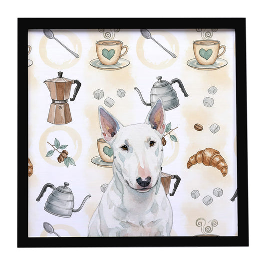 Buy this White Miniature Bull Terrier Coffee Bar Framed Metal Print
