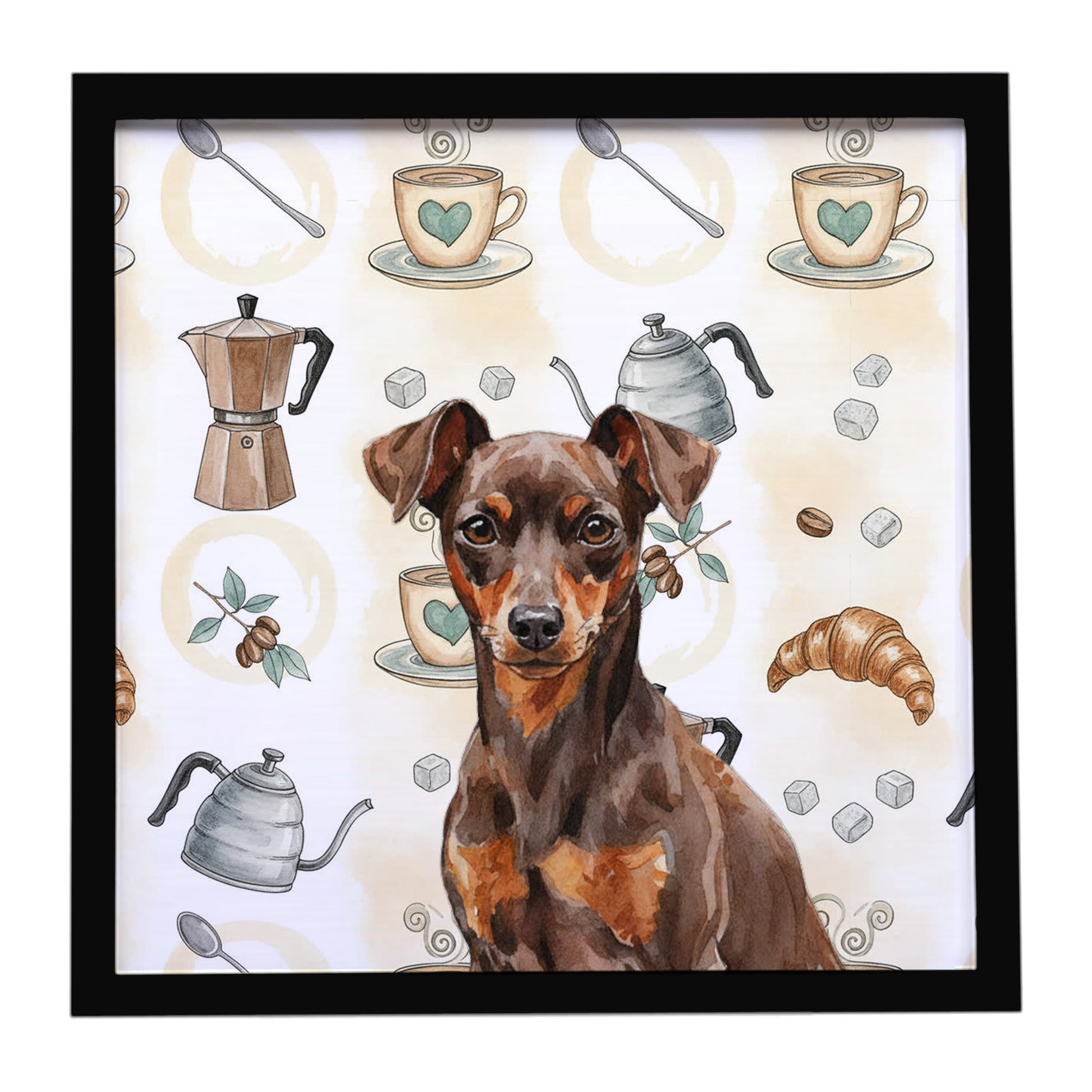 Buy this Chocolate and Rust Miniature Pinscher Min Pin Coffee Bar Framed Metal Print