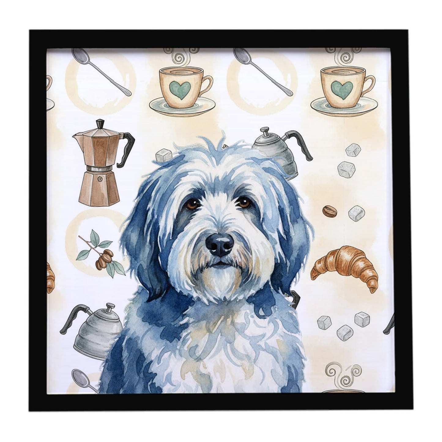 Buy this Blue and White Old English Sheepdog Coffee Bar Framed Metal Print