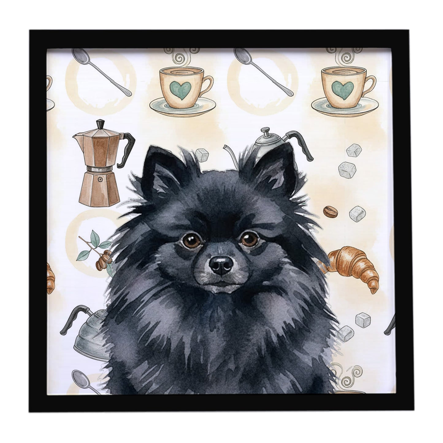 Buy this Black Pomeranian Coffee Bar Framed Metal Print