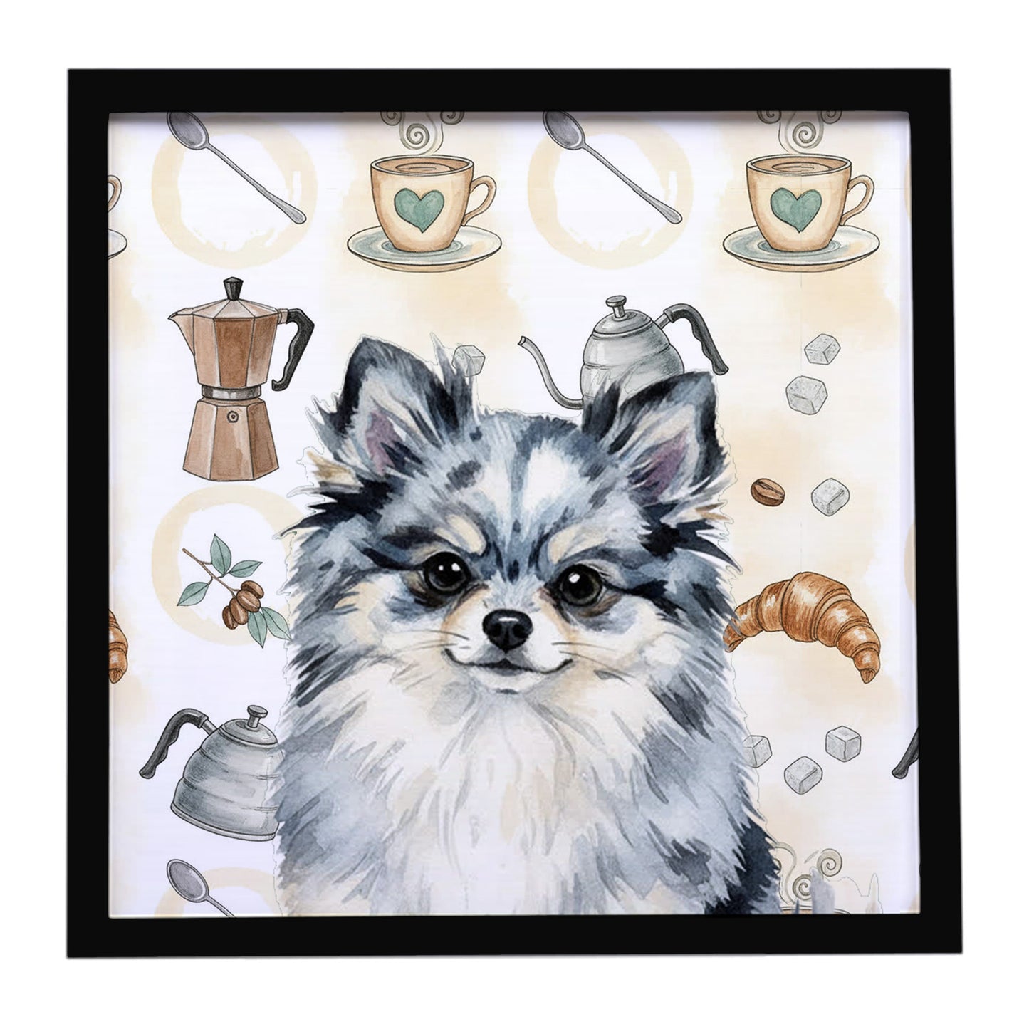 Buy this Blue Merle Pomeranian Coffee Bar Framed Metal Print