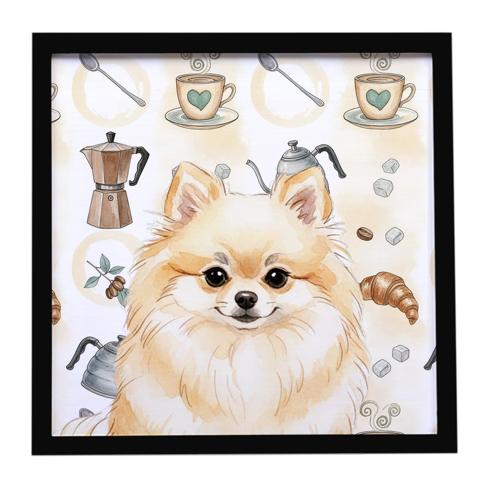 Buy this Cream Pomeranian Coffee Bar Framed Metal Print