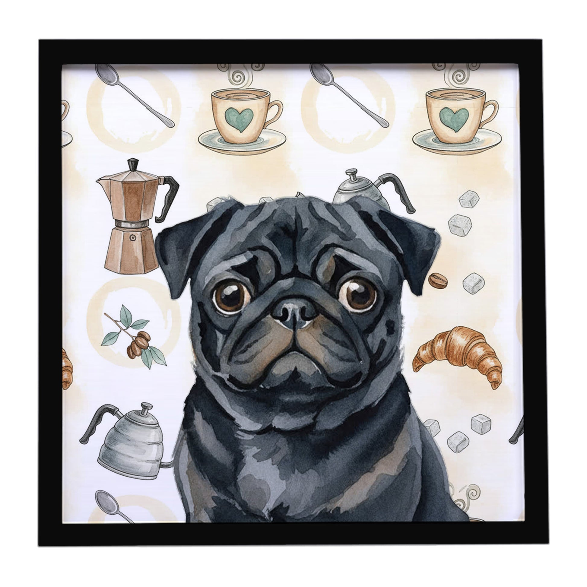 Buy this Black Pug Coffee Bar Framed Metal Print