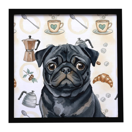 Buy this Black Pug Coffee Bar Framed Metal Print