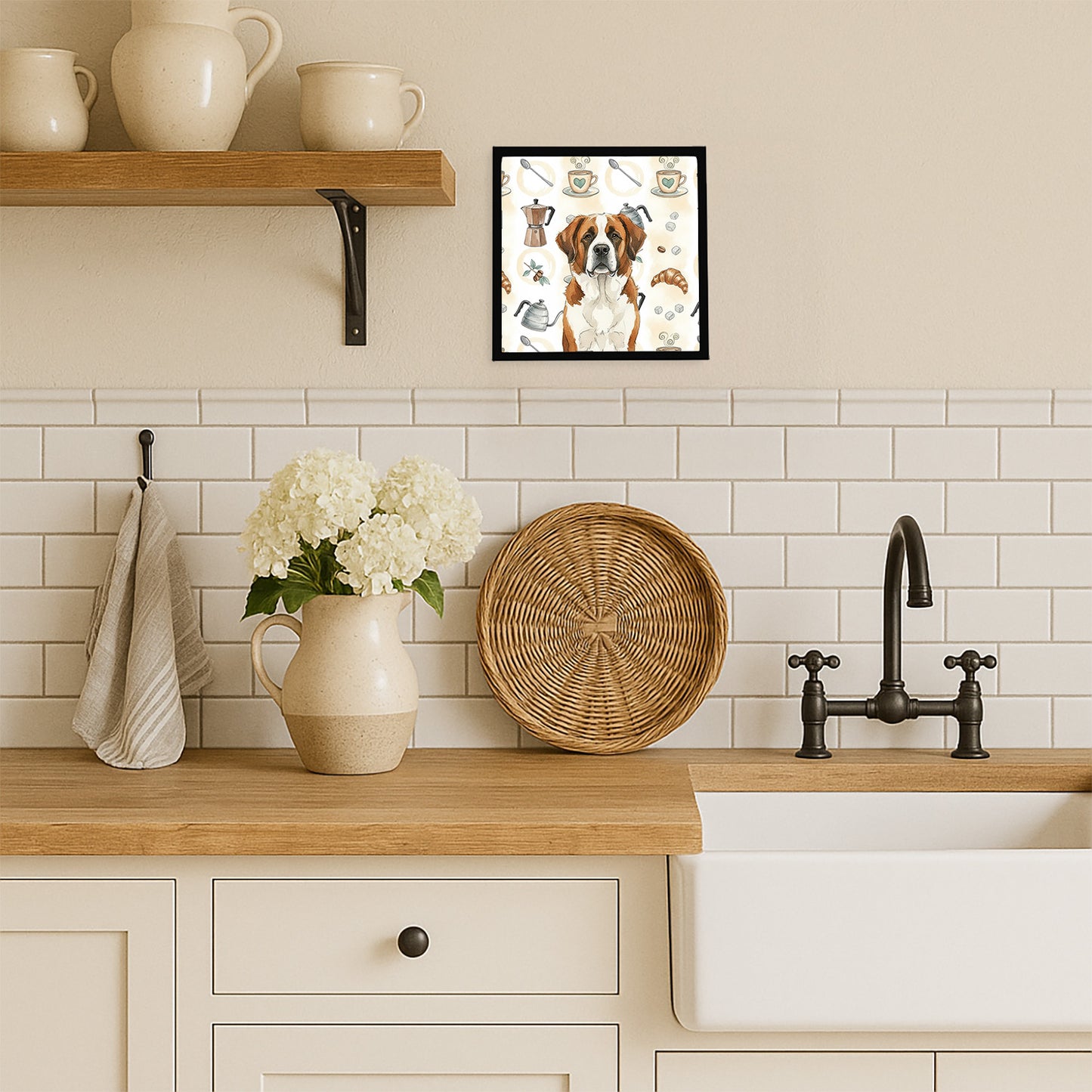 Brown and White Saint Bernard Coffee Bar Framed Metal Print