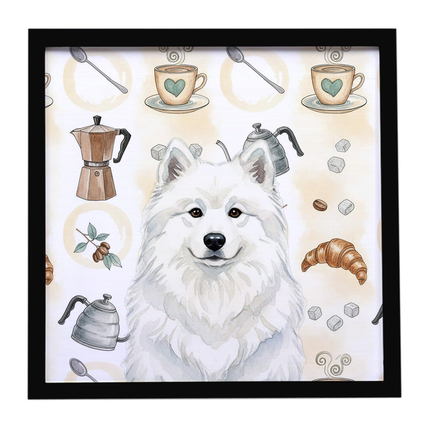 Buy this White Samoyed Coffee Bar Framed Metal Print