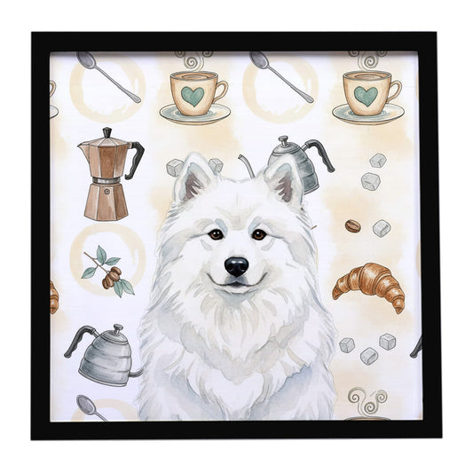 Buy this White Samoyed Coffee Bar Framed Metal Print