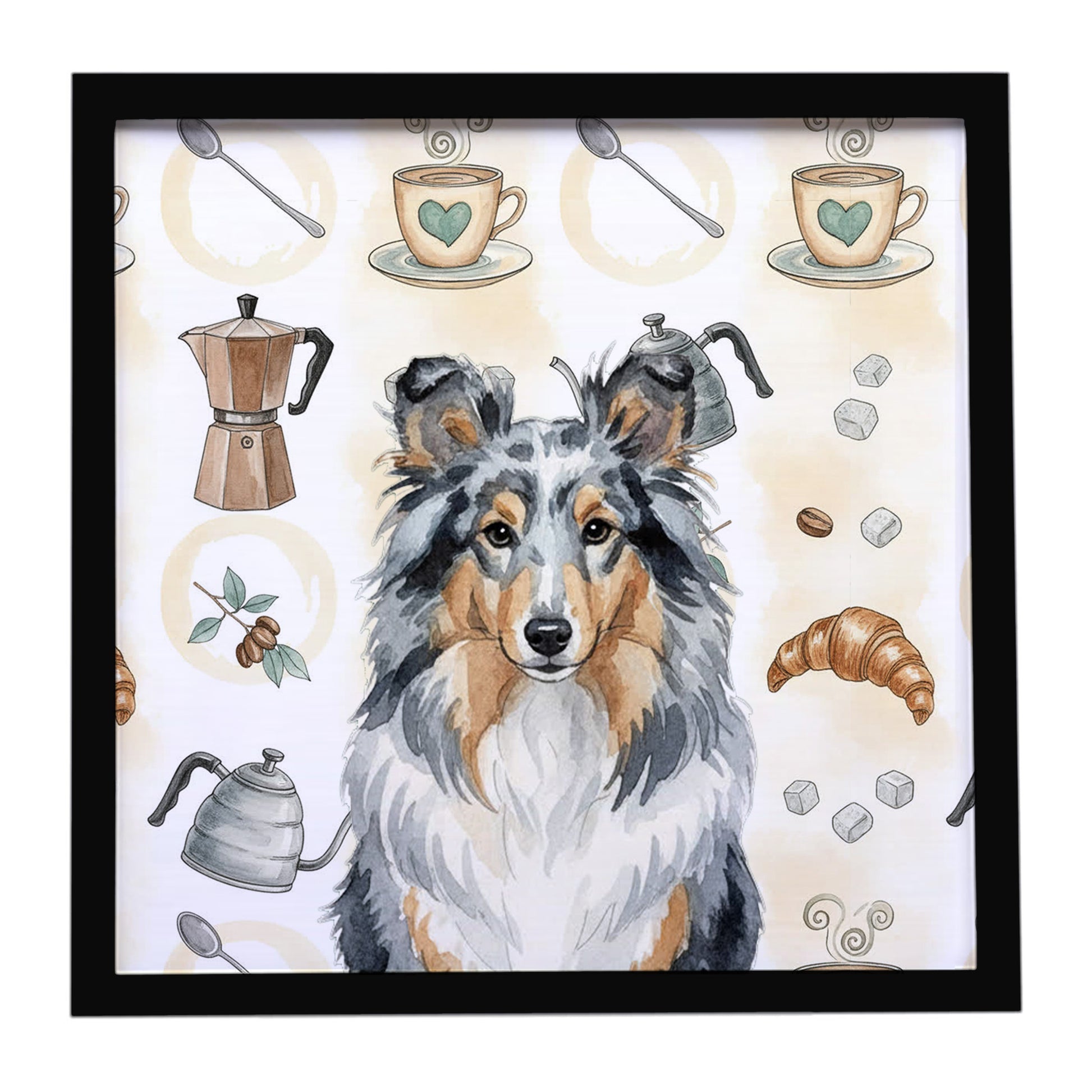 Buy this Blue Merle Sheltie Coffee Bar Framed Metal Print