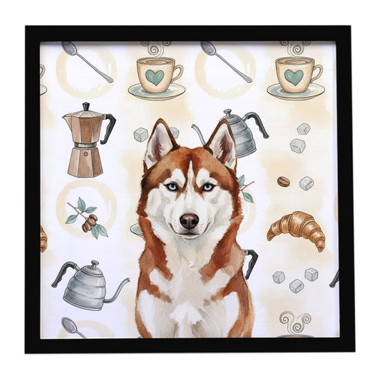 Buy this Red and White Siberian Husky Coffee Bar Framed Metal Print