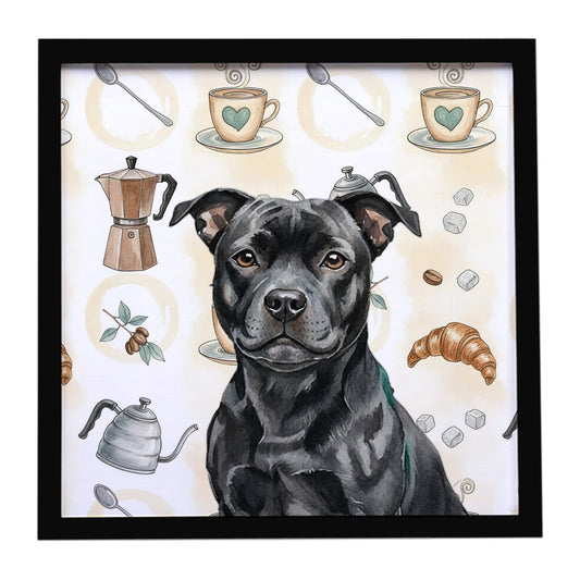 Buy this Black Staffordshire Bull Terrier Coffee Bar Framed Metal Print