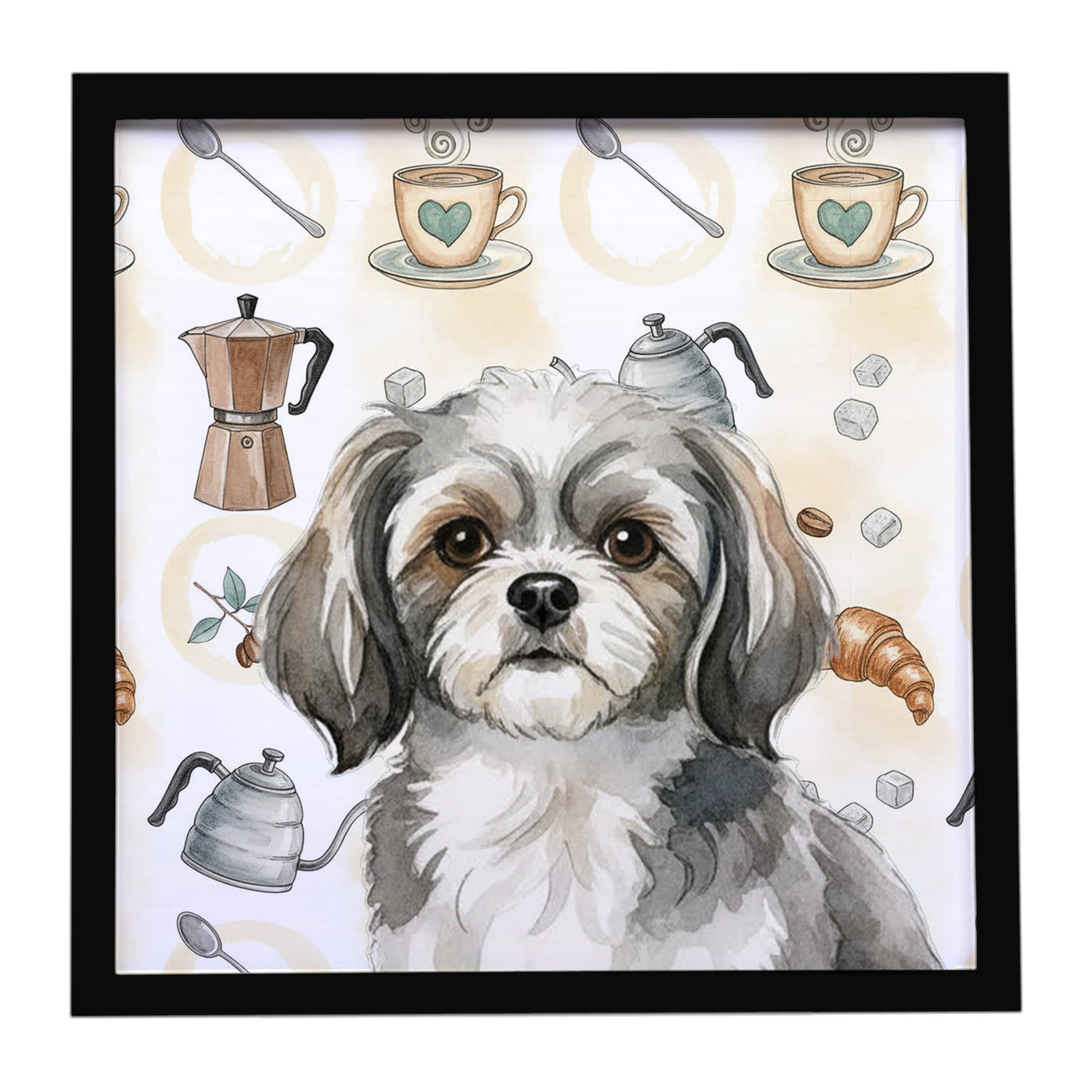 Buy this Grey and White Tibetan Spaniel Coffee Bar Framed Metal Print
