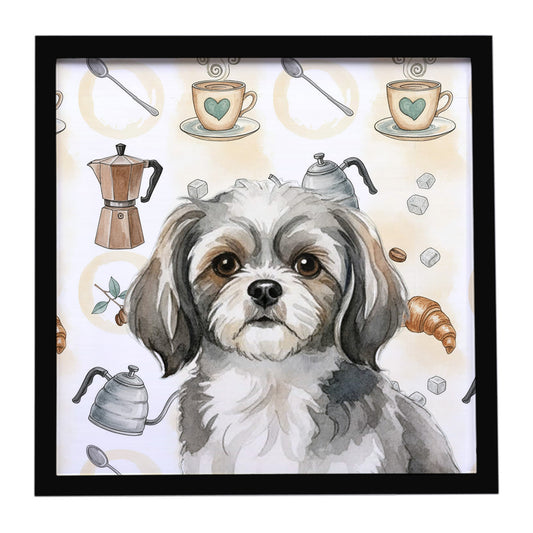 Buy this Grey and White Tibetan Spaniel Coffee Bar Framed Metal Print