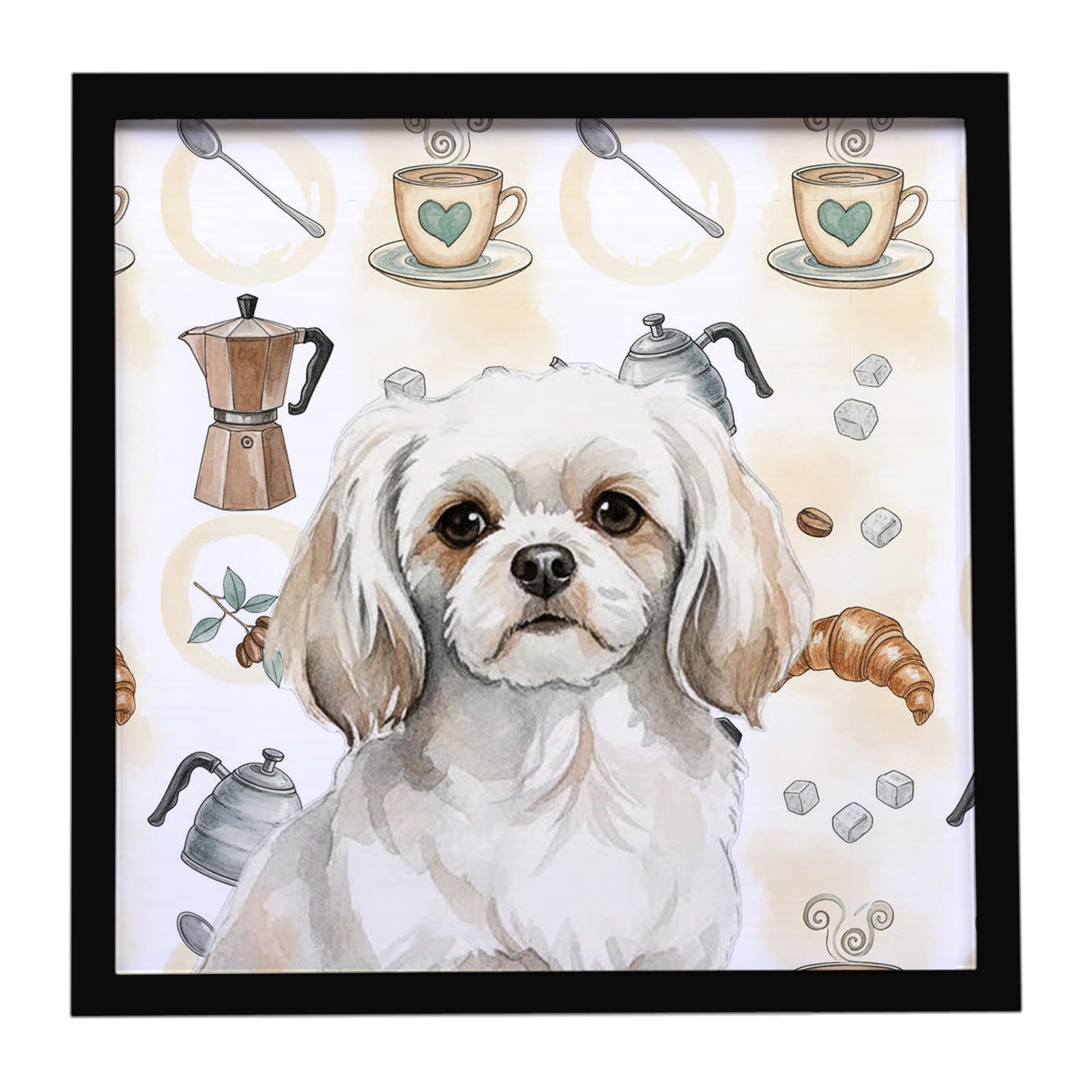 Buy this White Tibetan Spaniel Coffee Bar Framed Metal Print