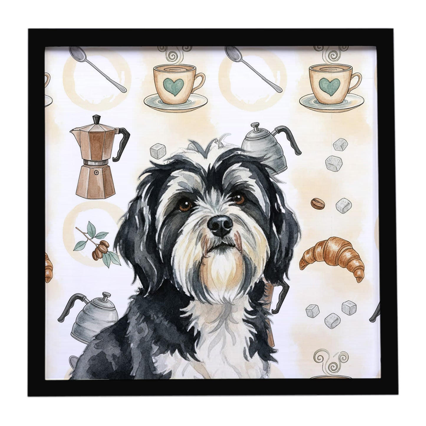 Buy this Black and White Tibetan Terrier Coffee Bar Framed Metal Print