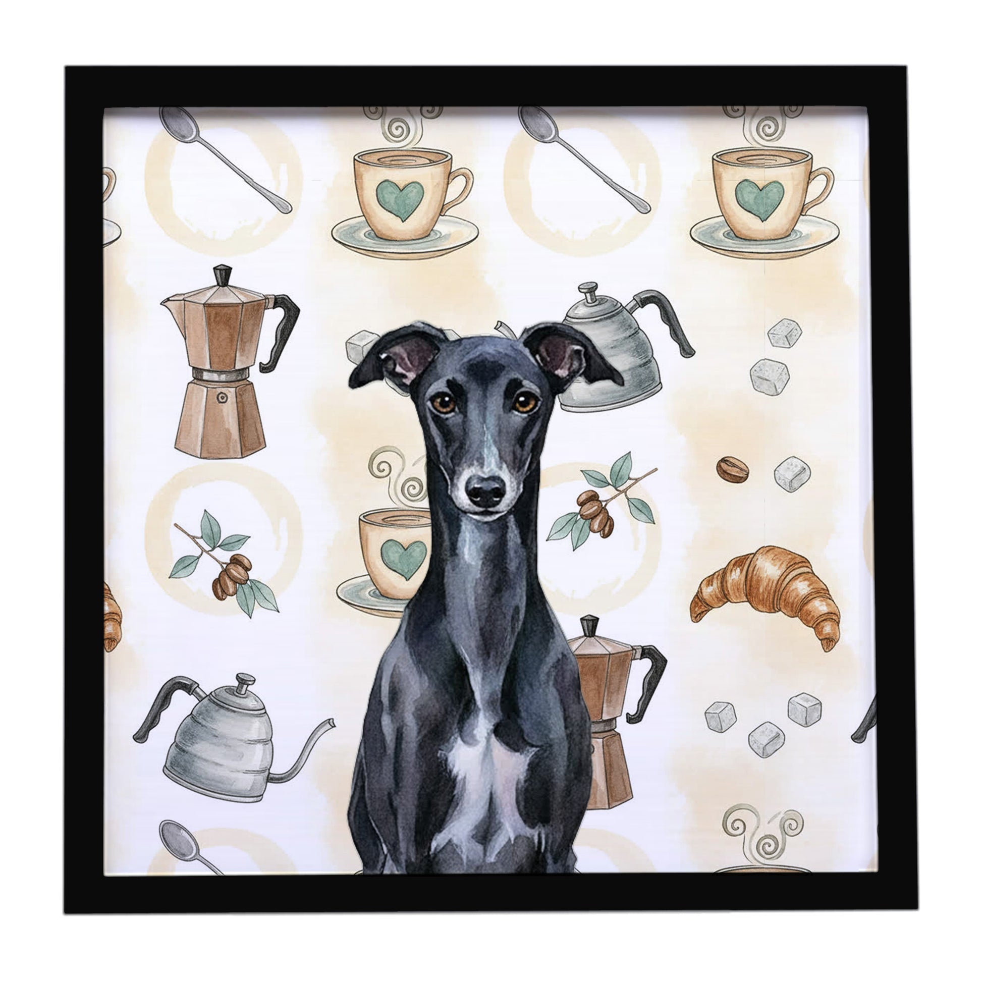 Buy this Black Whippet Coffee Bar Framed Metal Print