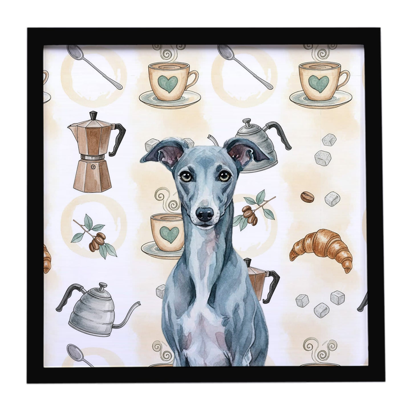 Buy this Blue Whippet Coffee Bar Framed Metal Print