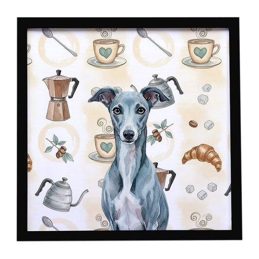 Buy this Blue Whippet Coffee Bar Framed Metal Print