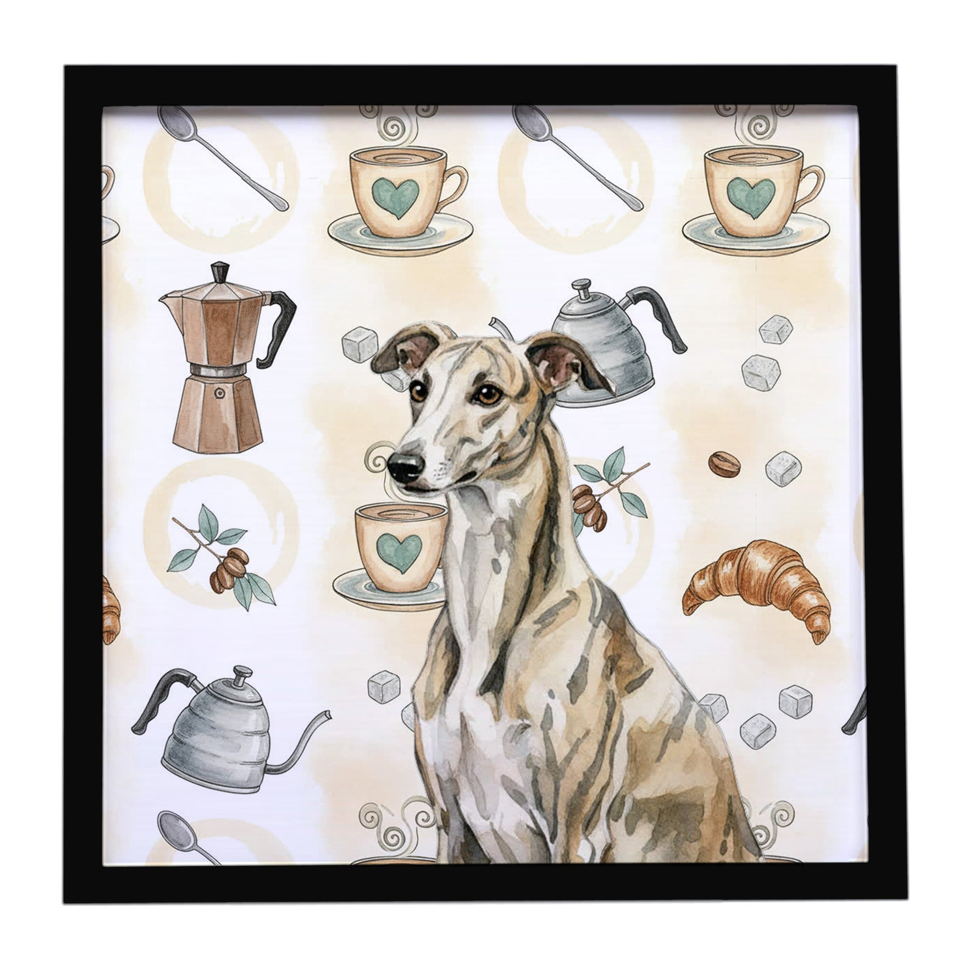Buy this Brindle Whippet Coffee Bar Framed Metal Print