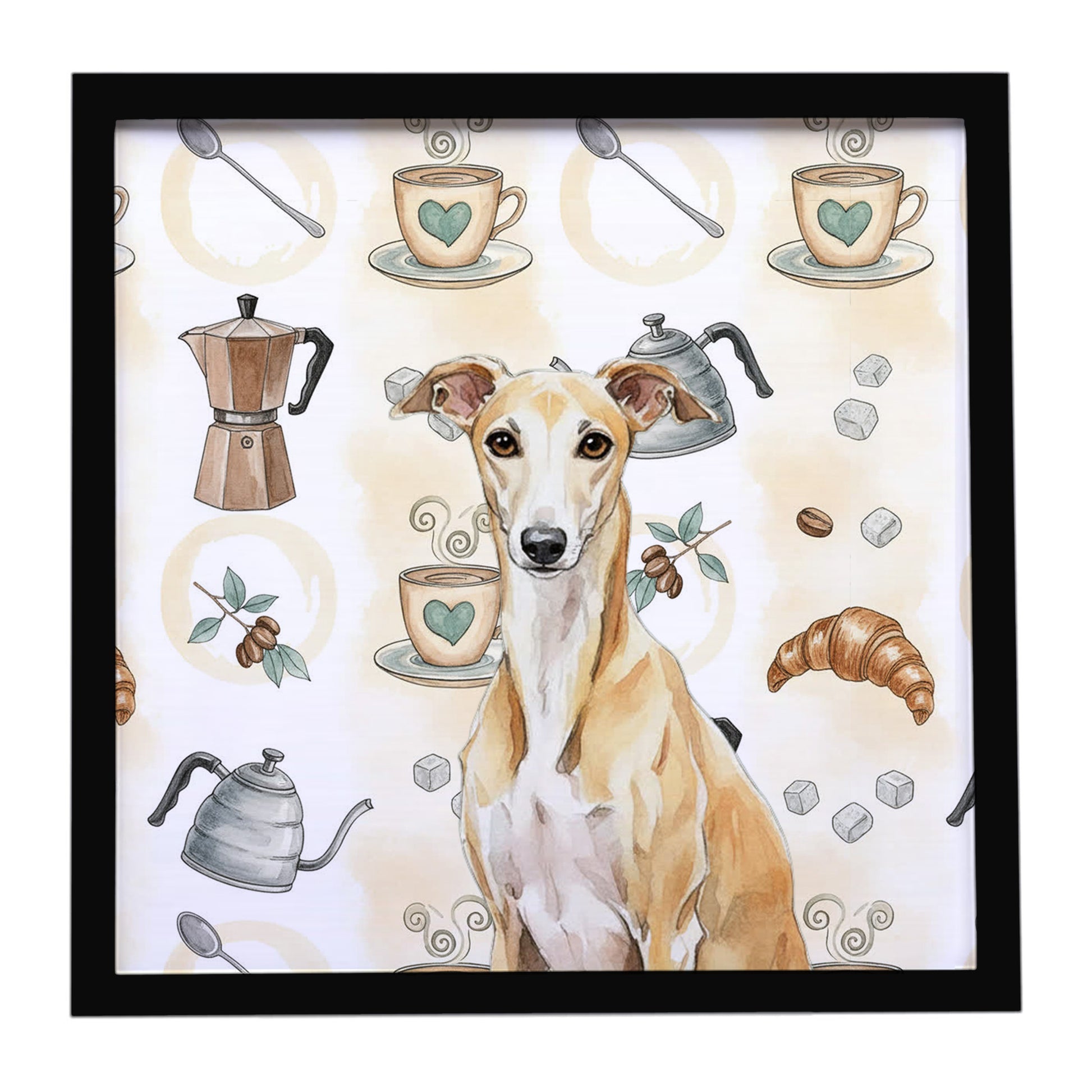Buy this Fawn Whippet Coffee Bar Framed Metal Print