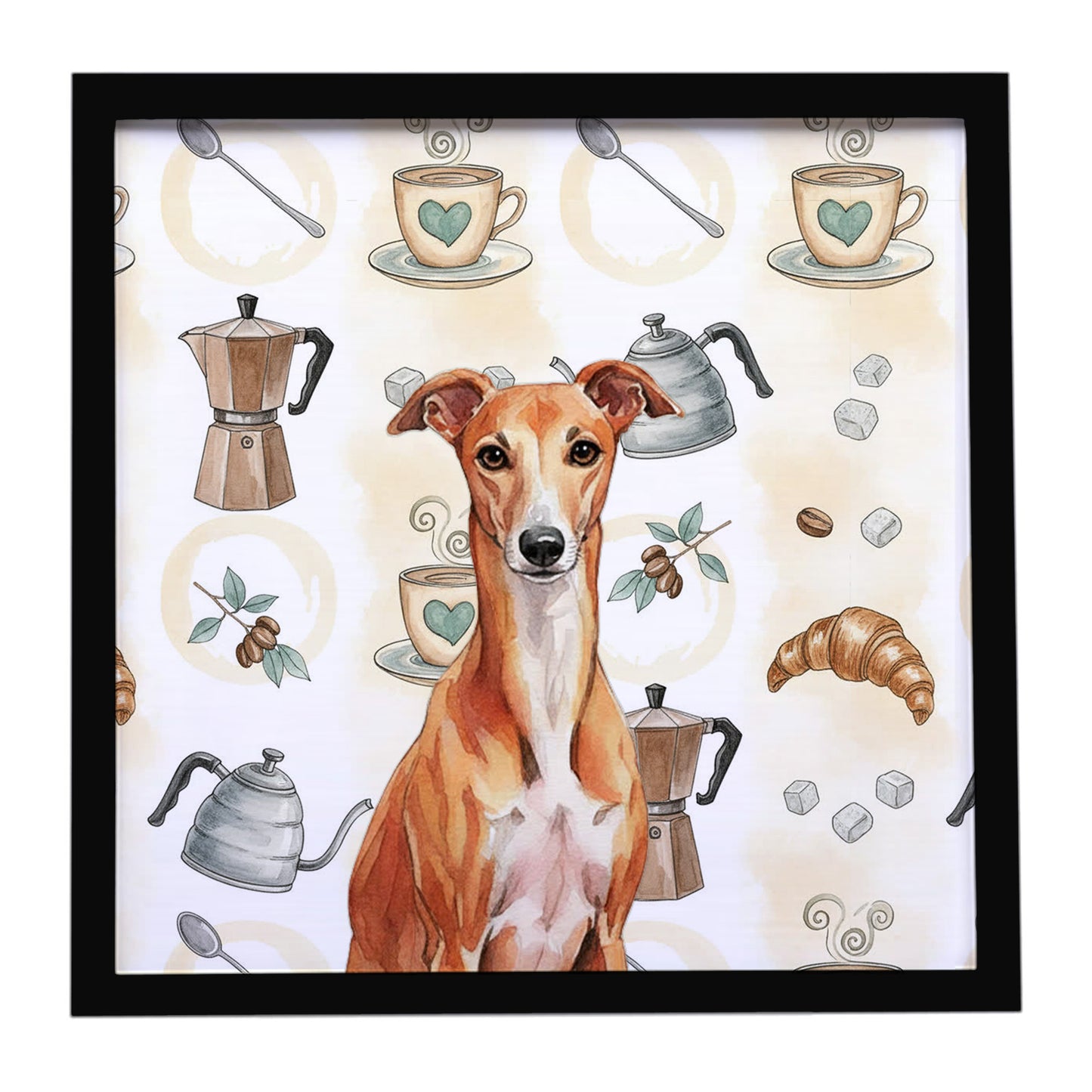 Buy this Red Whippet Coffee Bar Framed Metal Print