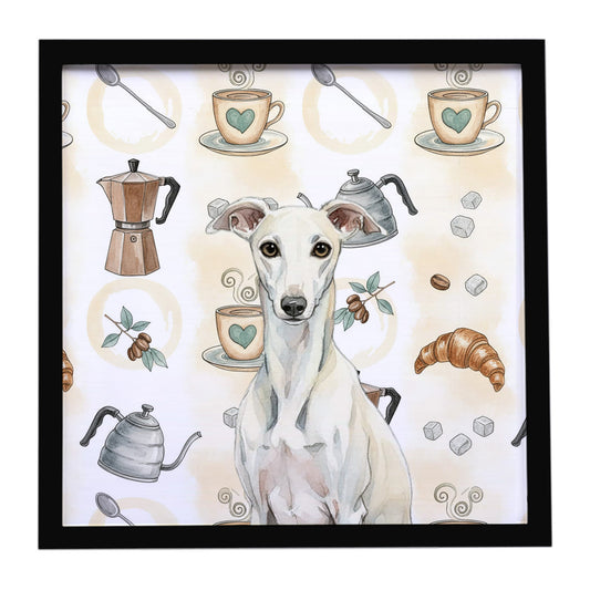 Buy this White Whippet Coffee Bar Framed Metal Print