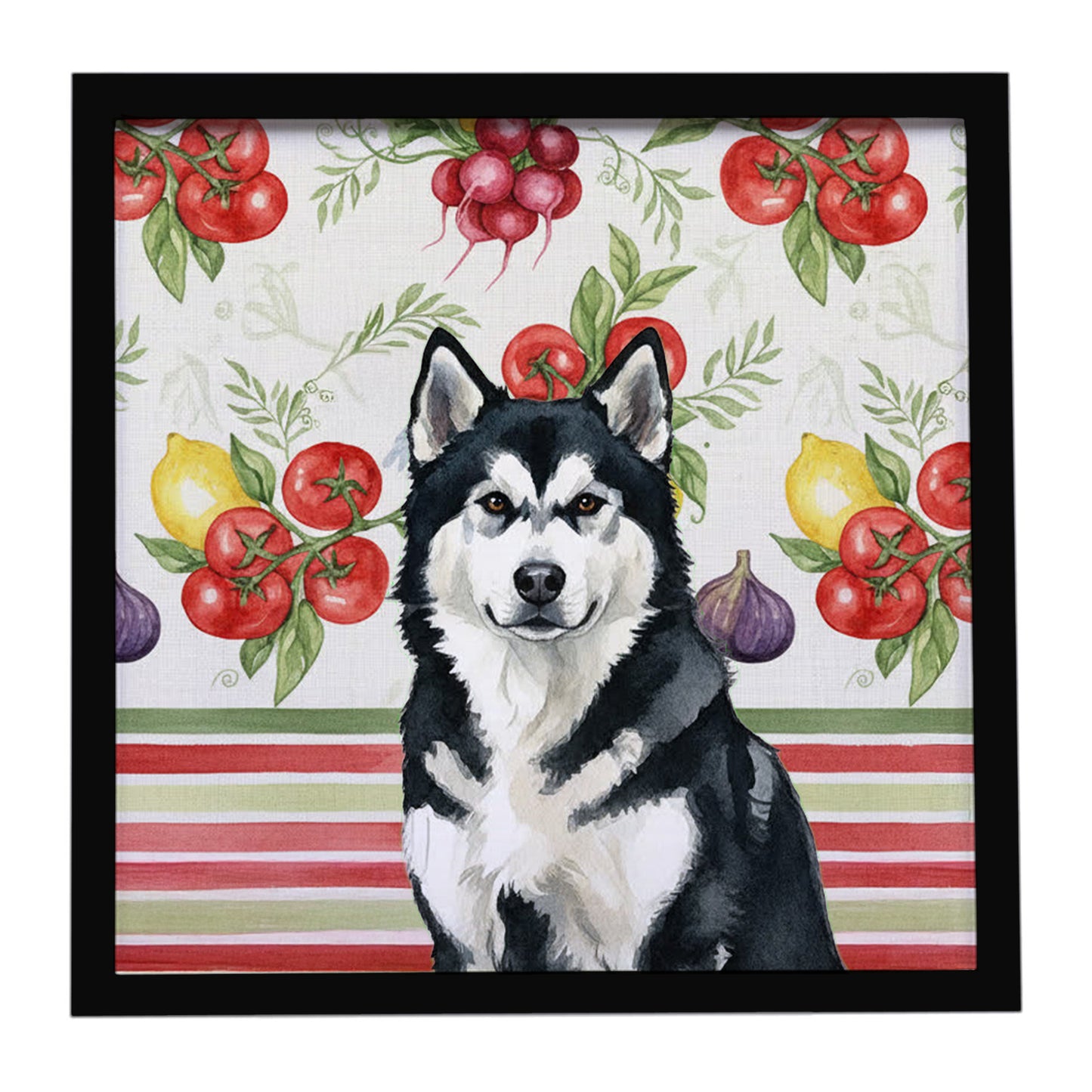 Buy this Black and White Alaskan Malamute Vegetables Framed Metal Print