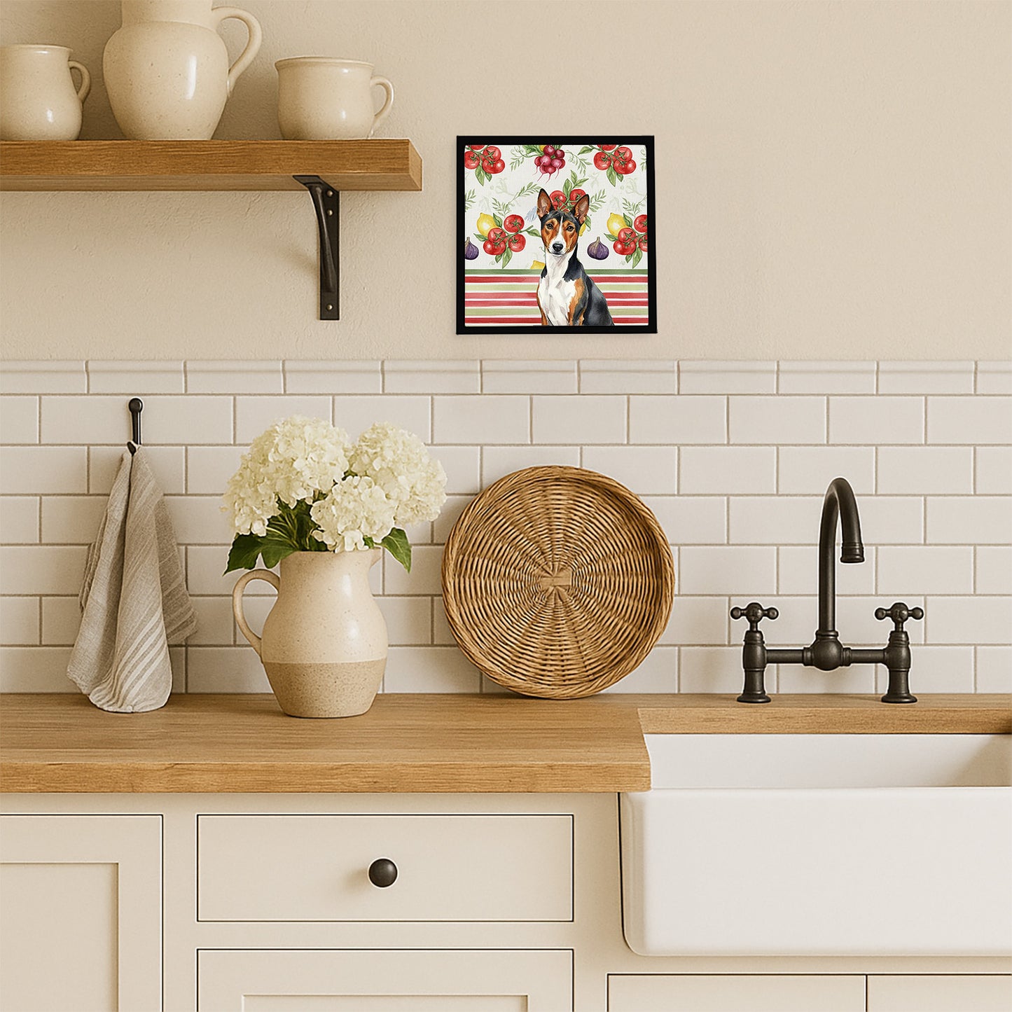 Tricolor and White Basenji Vegetables Framed Metal Print