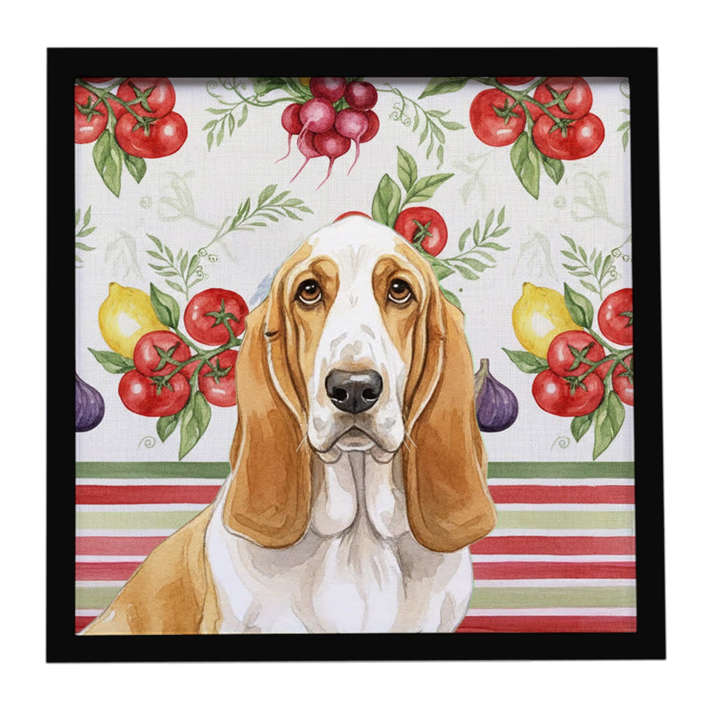 Buy this Lemon and White Basset Hound Vegetables Framed Metal Print