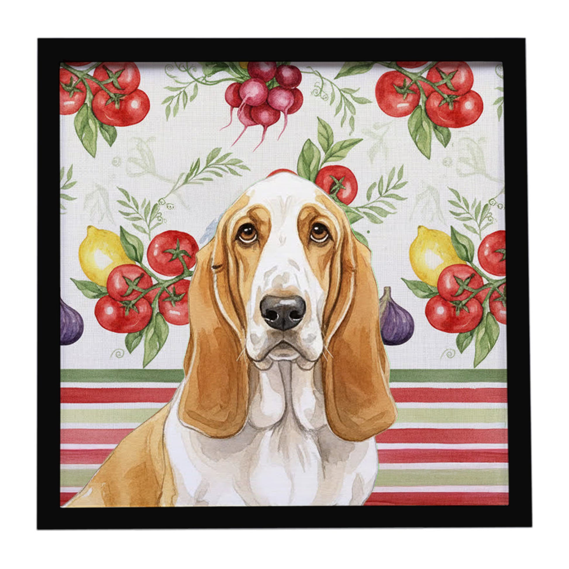 Buy this Lemon and White Basset Hound Vegetables Framed Metal Print