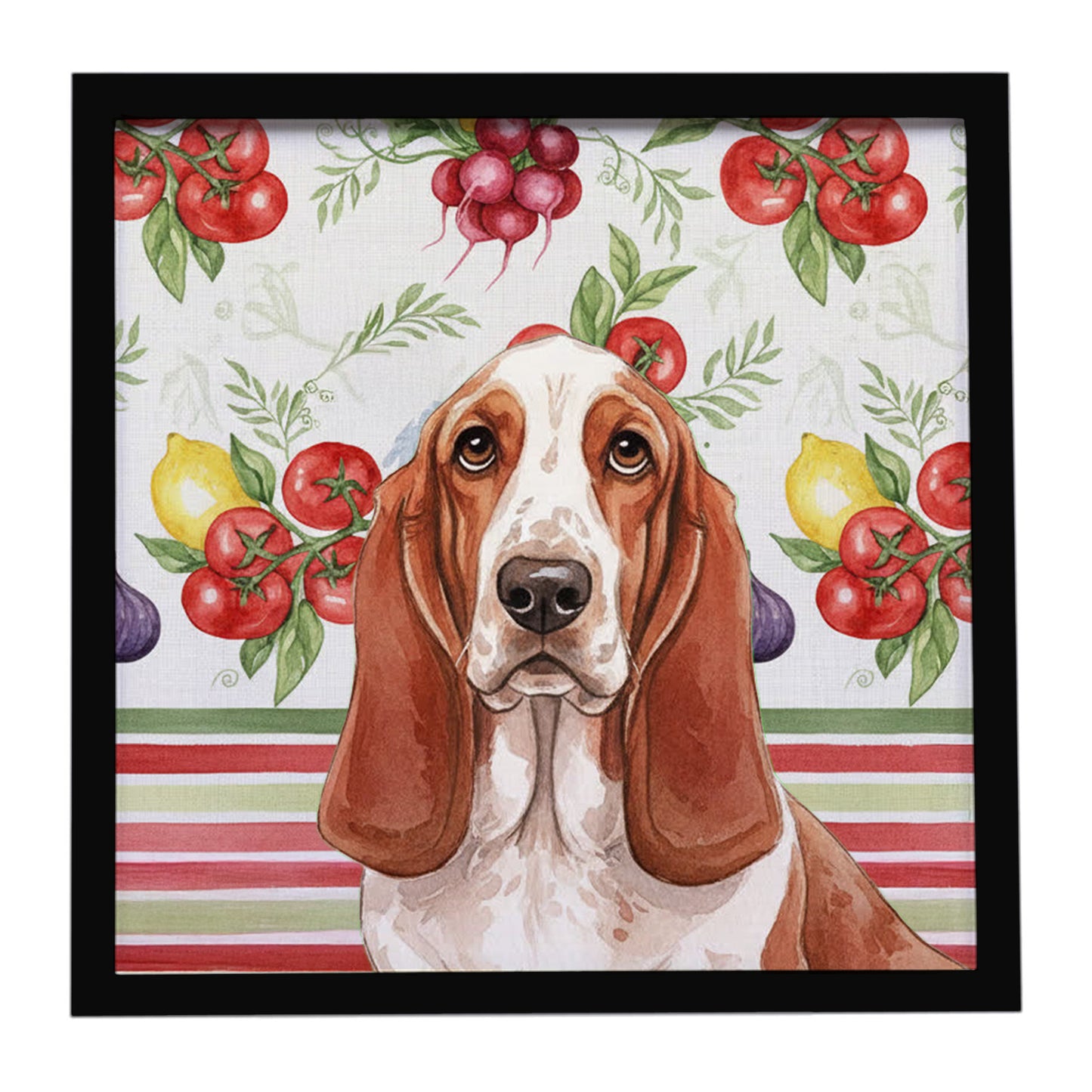 Buy this Red and White Basset Hound Vegetables Framed Metal Print