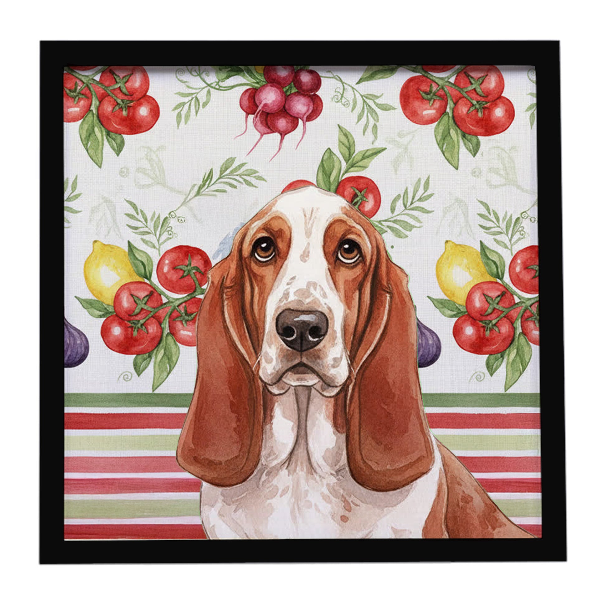 Buy this Red and White Basset Hound Vegetables Framed Metal Print