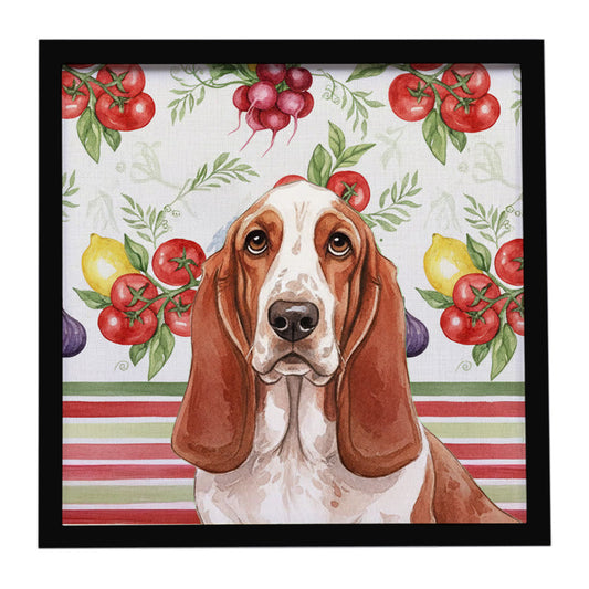 Buy this Red and White Basset Hound Vegetables Framed Metal Print