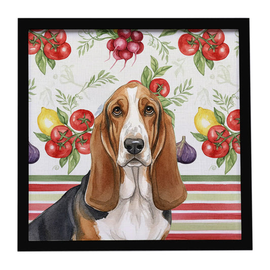 Buy this Tricolor and White Basset Hound Vegetables Framed Metal Print