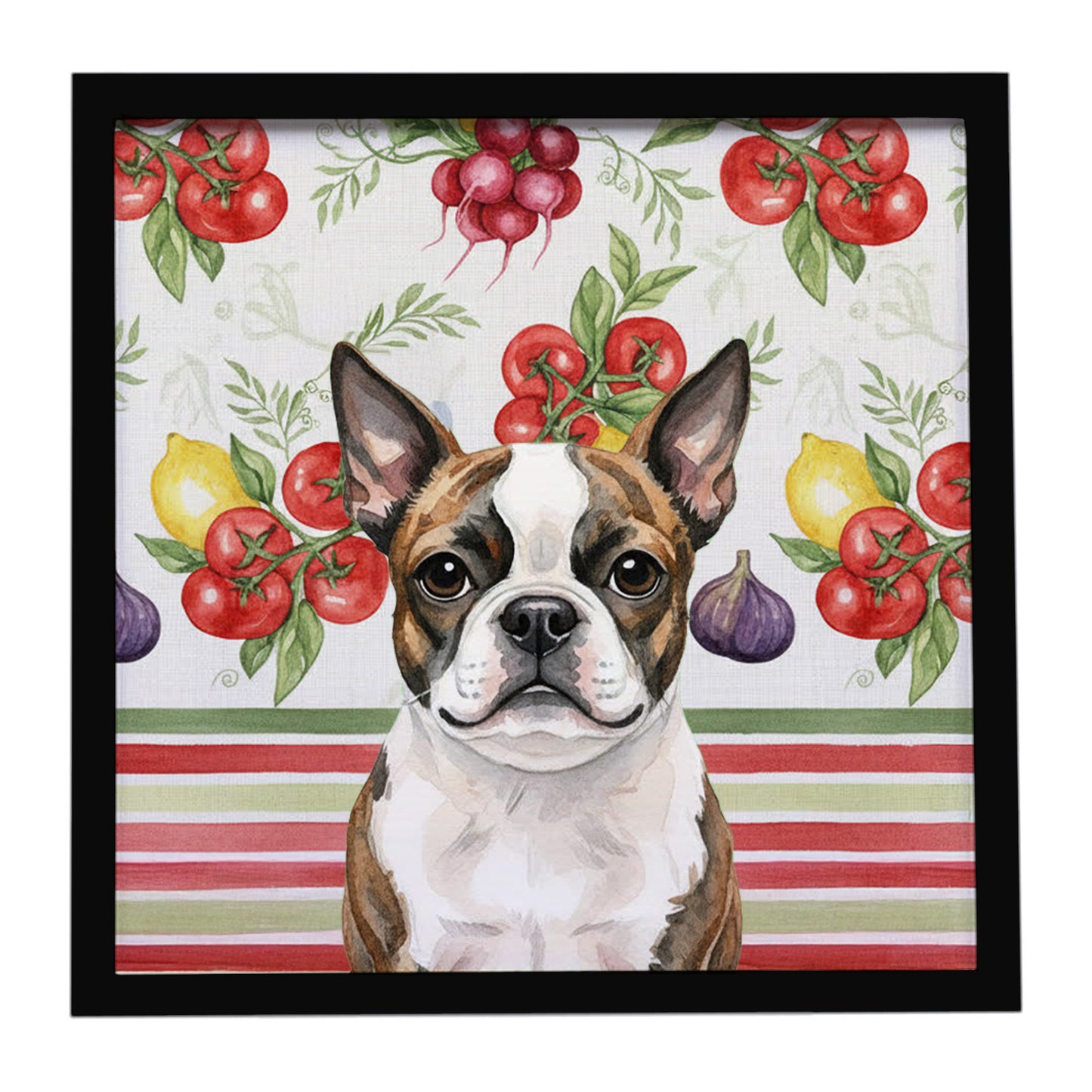 Buy this Brindle Boston Terrier Vegetables Framed Metal Print